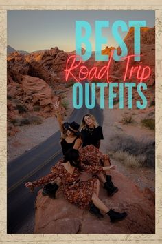 two women sitting on top of a rock with the words best road trip outfits over them