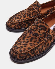 MADISON Leopard Penny Loafer | Women's Loafers – Steve Madden Fall Slip-on Loafers With Low Heel, Slip-on Low Heel Loafers For Fall, Slip-on Loafers With Low Heel For Fall, Fall Loafers With Textured Sole And Low Heel, Fall Loafers With Low Heel And Rubber Sole, Trendy Brown Loafers With Leather Sole, Trendy Brown Loafers With Rubber Sole, Fall Low Heel Loafers With Removable Insole, Leopard Loafers Outfit