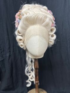 18th Century Bridgerton Style White Synthetic Hair Wig Wig is styled using a 13x4 hand-tied lace front wig and wefted at the back. It's made from heat resistant synthetic fibers. It has a stretchy and adjustable cap by hooks or straps on each side of the nape. Also it comes with 3 combs that can be removed if wanted.  We highly recommend you to try the wig as soon as you get it to ensure it fits well and you are happy with everything. On the contrary, please contact us as soon as possible. Any q Bridgerton Wigs, Rococo Hair, Bridgerton Hair, Styled Wigs, Rococo Accessories, Marie Antoinette Wig, 18th Century Hair, 18th Century Wigs, Holloween Costumes