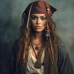 a woman with long hair wearing a pirate hat and beads on her head is looking at the camera