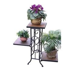 three tiered plant stands with potted plants on each side and one holding a purple flower