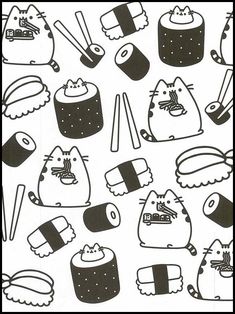 black and white drawing of sushi cats with chopsticks in their paws, on a white background