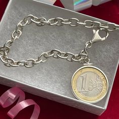 Oversized Specialized Unique Beautiful Gift Euro Coin Sterling Silver Bracelet Marked .925 Sterling Coin Bezel The Bracelet Is 7 3/4” Long Weights: 21.9 G. Thank You Euro Coins, Coin Bracelet, Sterling Silver Bracelet, Womens Jewelry Bracelets, Charm Bracelets, Sterling Silver Bracelets, Silver Gold, Silver Bracelet, Coin