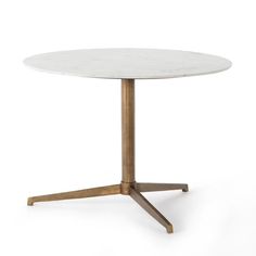 a white table with gold legs and a round marble top, on a white background