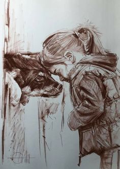 a drawing of a person kissing a dog