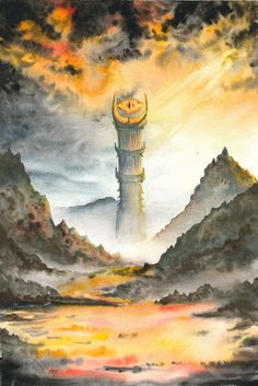 a painting of a clock tower in the sky