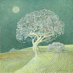 a drawing of a tree in the middle of a field with moon and stars above it