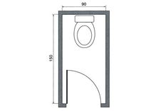 a drawing of a toilet with the door open and measurements in front of it on a white background