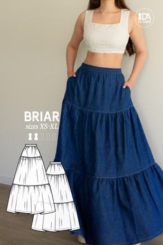 This perfectly easy yet perfectly romantic tiered ruffle skirt has all the pretty little design details needed for the ultimate summer-like piece without any time-consuming and complicated techniques. Wear either high or low-waisted! 🩵 BRIAR Tiered Ruffle Maxi Skirt PDF Digital Sewing Pattern for Women Sizes XS-XL After your purchase you will receive: an instructional ebook, the nested pattern in 5 sizes and 2 formats, A4/Letter and A0 copyshop, and the video tutorial. Design: Classic A-line si Dress Patterns Beginner, Barbie Skirt Pattern Free Sewing, Long Skirts Patterns, Sew Womens Clothes, Simple Sew Patterns, Long Skirt Free Pattern, Long Skirt Sewing Pattern Free, Begginer Sewing Patterns, Plus Size Patterns Sewing