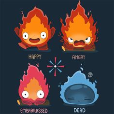 three different types of cartoon characters with the words happy, angry and embarrassed