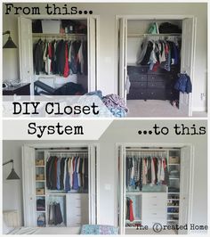 two pictures of closets with clothes hanging on them and the words diy closet system to this