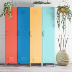 four colored lockers next to a potted plant