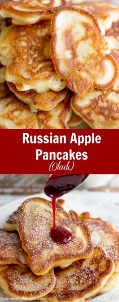 russian apple pancakes with syrup being drizzled over them