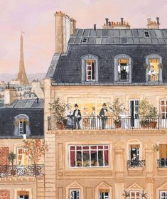 a painting of people standing on the balcony of a building with windows and balconies