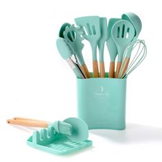 Kitchen Wooden Handle Kitchenware Set With Storage Square Bucket - Wnkrs Cooking Tool, Kitchen Utensil Set, Silicone Kitchen, Kitchen Baking