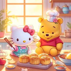 hello kitty and winnie the pooh are cooking together in the kitchen with honey rolls