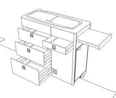 a line drawing of an office desk with drawers