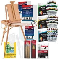 an easel with paint, pencils and other art supplies on display in front of a white background