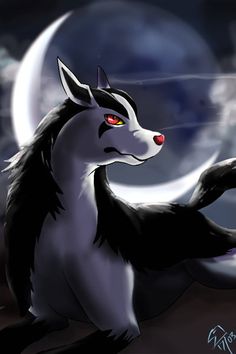 a wolf with red eyes is standing in front of the moon