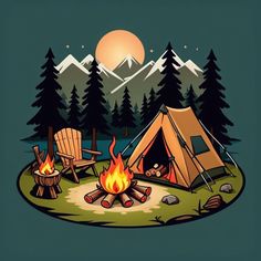 a campfire and two chairs in front of a tent