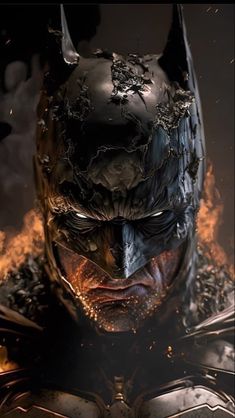 the dark knight in batman's costume with flames coming out of his chest and head