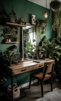 a desk with a mirror and some plants on it