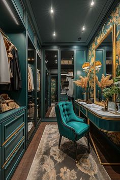 a green chair sitting in front of a walk in closet filled with lots of clothes