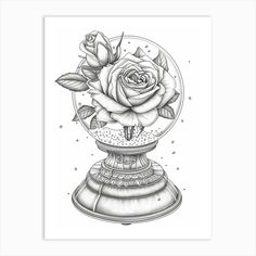 a black and white drawing of a rose in a snow globe