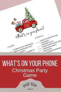 What's on your phone Christmas party game. pdf file. The games has an image of a gnome in a red truck. A snow covered tree is behind the truck. Christmas Games For Young Adults, Christmas Girls Night Games, Christmas Party Games Free, Easy Christmas Party Games, Christmas Gift Exchange Themes, Christmas Party Games For Family, Party Games For Family, Work Christmas Party Games, Virtual Team Building