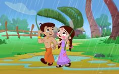 an animated image of a man and woman walking in the rain