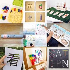 there are many different pictures with letters and numbers on them in this collage, including children's crafts