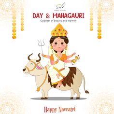 Durga Asthami or the eight-day of Navratri is dedicated to Goddess Mahagauri. She is a four-armed deity who rides on a bull or a white elephant. She carries a Trishul and a damru in her hands. Navarathri Wishes Images, Navratri Goddess Images, Day 7 Navratri Goddess, Day 8 Navratri Goddess, Navratri Day 1 To 9, Navaratri Poster, Goddess Mahagauri, Navratri Day 8, Navratri Devi