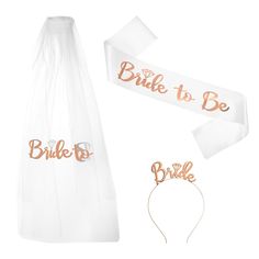 bride to be sash and headband set with rose gold foil lettering on white tulle