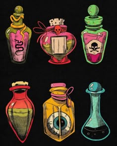 four bottles with different designs on them and one has an eyeball in the bottle