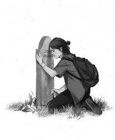 a drawing of a person kneeling next to a grave with a backpack on their back