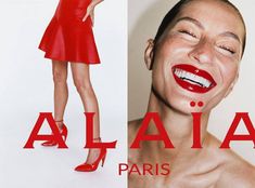 a woman with red lipstick is posing in front of a white background and the caption says, alla paris