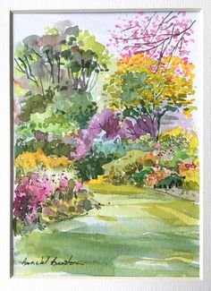 a watercolor painting of trees and flowers