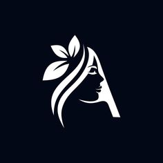 a woman's face with leaves in her hair on a black background, logo