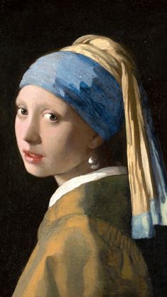 a painting of a girl with a pearl earring wearing a gold and blue dress