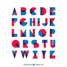 the alphabet is made up of different colors and shapes, including red, blue, and black