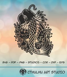 an image of a koi fish on a blurry background with the words svg dxf