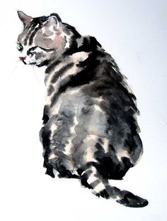 a watercolor painting of a cat sitting on top of a white floor next to a wall