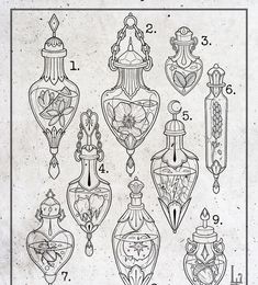 an old fashioned drawing shows different types of vases and ornaments in black ink on white paper