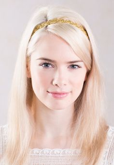 Beautiful! Love that gold braided headband. Quick and easy hairstyles for shoulder length hair. She glows in Lilla Rose! Arela Hairband | hairstyles for busy women | headband hairstyles | blonde hair color | #headbands #shoulderlengthfinehair #gold #accessories Suede Headbands, Hairband Hairstyle, Hairstyles Blonde, Women Headband, Busy Women