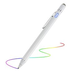 a white ballpoint pen with multicolored lines coming out of the top and bottom