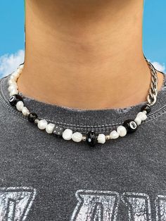 The 'MAGIC 8' half & half necklace is what you've been waiting for - from the freshwater pearls and lamp work charms to its stainless steel chain, this necklace is bound to make a statement. Pair the 'MAGIC 8' on its own or stack with 549's classic half & half pearl necklace to dress up any outfit! Made with freshwater pearls and black lamp work charms - magic 8 ball, dice, and mushroom. Stainless steel chain. Waterproof and rust-free. Available in lengths 14", 15", 16', 18", 20". All lengths co Man Beads Necklace, Man Beaded Necklace, 8 Ball Necklace, Handmade Jewelry For Men, Men’s Pearl Necklace, 8ball Necklace, Necklace Men Diy, Cool Necklaces For Men, Bead Necklace Ideas