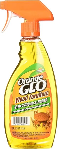 a bottle of orange glo wood furniture cleaner with an orange triggeror on top