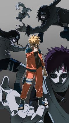 an anime character standing in front of many other characters