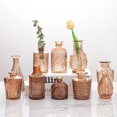 an assortment of glass vases and bottles on a marble countertop with a single flower in the middle