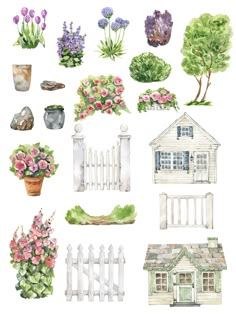 watercolor painting of flowers and plants on white paper with pickets, fence, house, potted plant